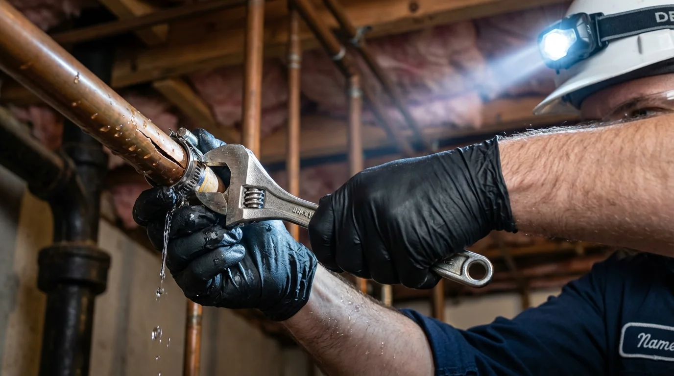 Emergency pipe clamp repair being performed by a Johns Plumbing LLC plumber in Signal Hill