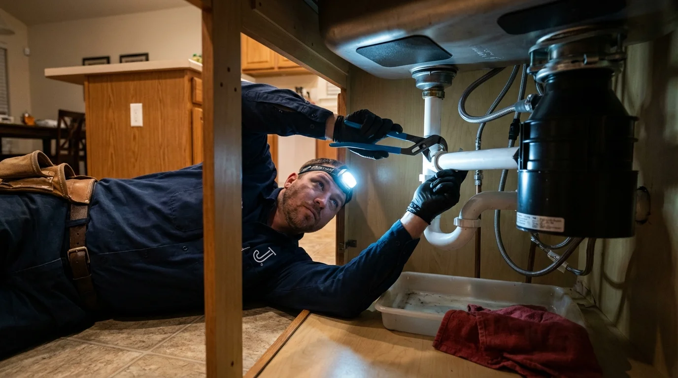 P-trap and supply line connections under a kitchen sink showing a common leak point in Signal Hill, CA